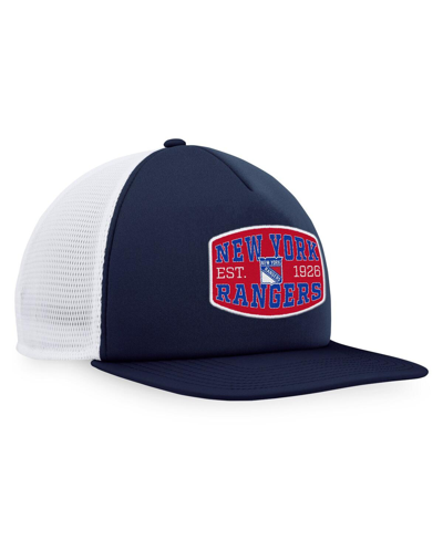 Shop Fanatics Men's  Navy, White New York Rangers Foam Front Patch Trucker Snapback Hat In Navy,white