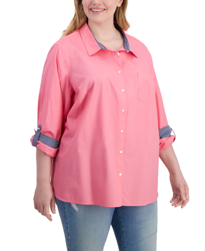 Shop Tommy Hilfiger Plus Size Cotton Roll-tab Shirt In Peony
