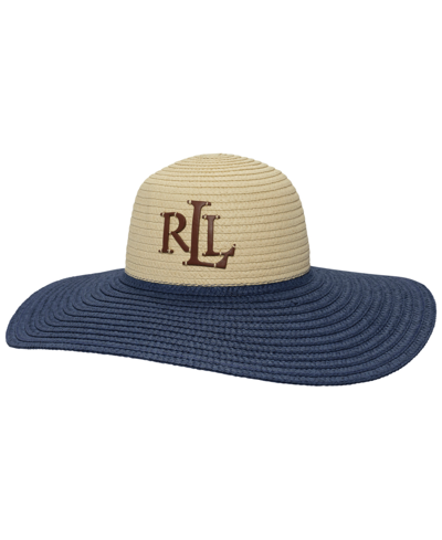 Shop Lauren Ralph Lauren Leather Logo With Woven Sun Hat In Natural,navy