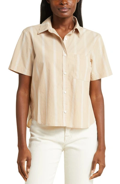 Shop Brixton Sidney Stripe Short Sleeve Cotton Button-up Shirt In Sesame