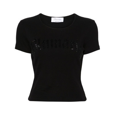 Shop Blumarine Logo Ribbed Cotton Cropped T-shirt In Black