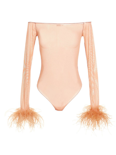 Shop Oseree Oséree Feather Transparent Mesh Bodysuit In Pink