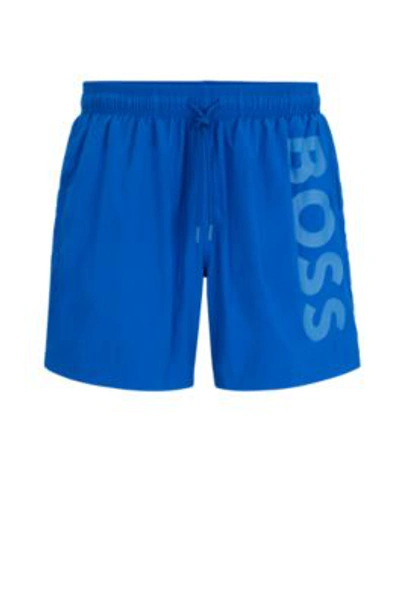 Shop Hugo Boss Vertical-logo-print Swim Shorts In Quick-dry Poplin In Blue