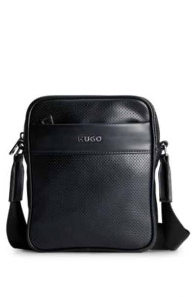 Shop Hugo Logo-lettering Mini Reporter Bag In Perforated Faux Leather In Black