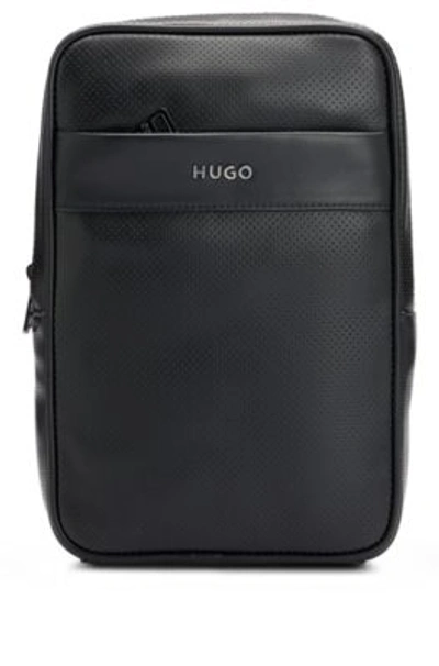 Shop Hugo Logo-trim Backpack In Perforated Faux Leather In Black