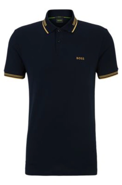 Shop Hugo Boss Stretch-cotton Slim-fit Polo Shirt With Branding In Dark Blue