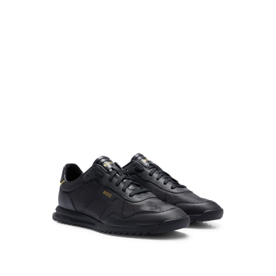 Shop Hugo Boss Mixed-material Trainers With Perforated Faux Leather In Black