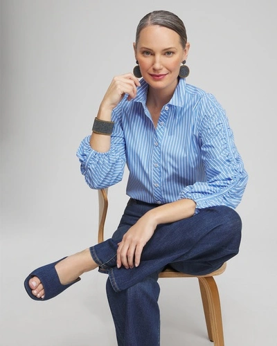 Shop Chico's Poplin Stripe Ruched Sleeve Shirt In French Blue Size 0/2 |