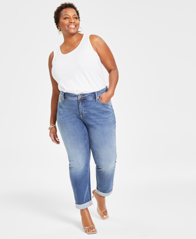 Shop Inc International Concepts Slim Tech Rolled-cuff Boyfriend Jeans, Created For Macy's In Medium Indigo
