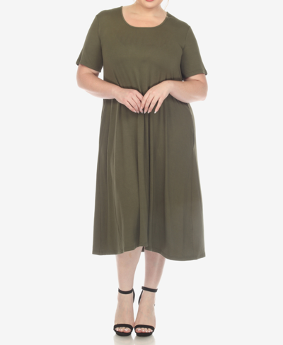 Shop White Mark Plus Size Short Sleeve Pocket Swing Midi Dress In Olive