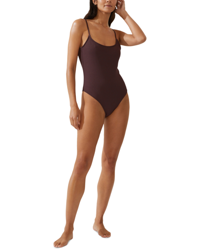 Shop Cotton On Women's Thin-strap Scoop-back One-piece Swimsuit In Willow Brown Crinkle