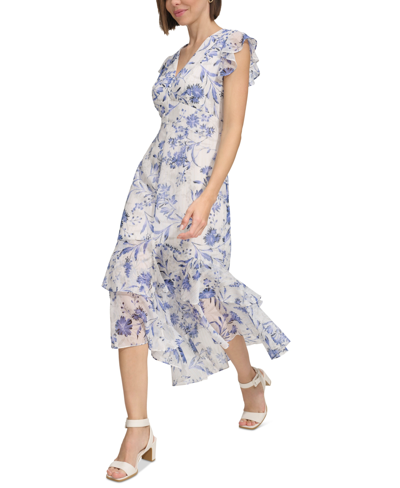 Shop Tommy Hilfiger Women's Floral-print Flutter-sleeve Midi Dress In Ivory Multi