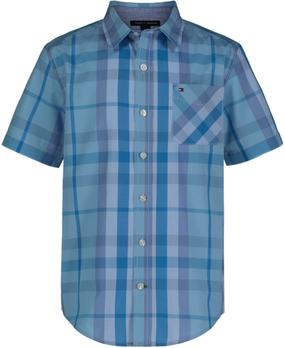 Shop Tommy Hilfiger Little Boys Short Sleeve Skies Plaid Shirt In Swedish Blue