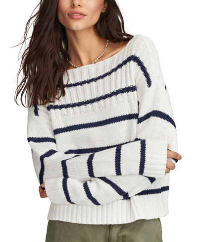 Shop Lucky Brand Women's Cotton Striped Boat-neck Sweater In Tofu Cadet Navy Stripe