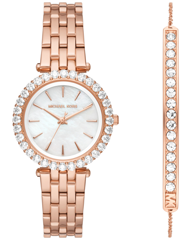 Shop Michael Kors Women's Darci Three-hand Rose Gold-tone Stainless Steel Watch 34mm And Bracelet Set, 2 Pieces