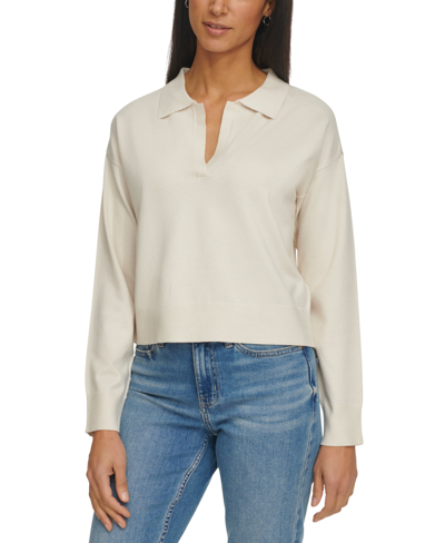 Shop Calvin Klein Jeans Est.1978 Women's Long Sleeve Polo Collar Top In Birch