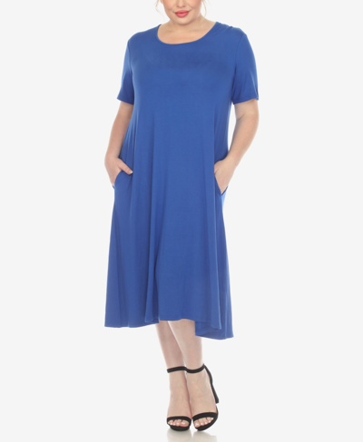 White Mark Plus Size Short Sleeve Pocket Swing Midi Dress In Royal