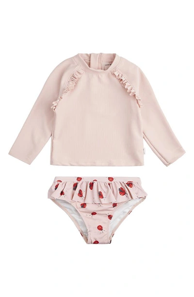 Shop Petit Lem Kids' Ruffle Long Sleeve Two-piece Rashguard Swimsuit In Pnk Pink