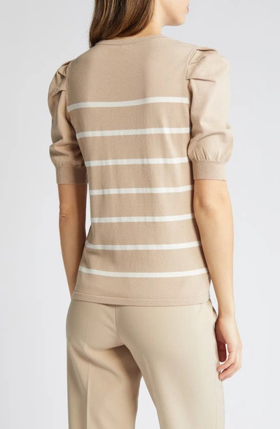 Shop Anne Klein Stripe Puff Sleeve Sweater In Latte/ Anne White