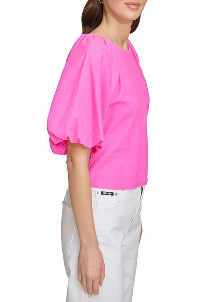 Shop Dkny Sportswear Puff Sleeve Linen Blend Top In Shocking Pink