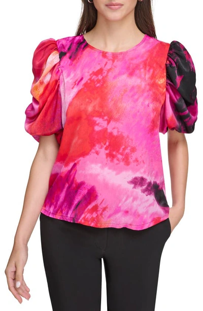 Shop Dkny Sportswear Dkny Print Puff Sleeve Satin Top In Shocking Pink Multi