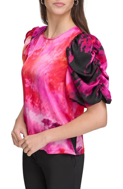 Shop Dkny Sportswear Print Puff Sleeve Satin Top In Shocking Pink Multi