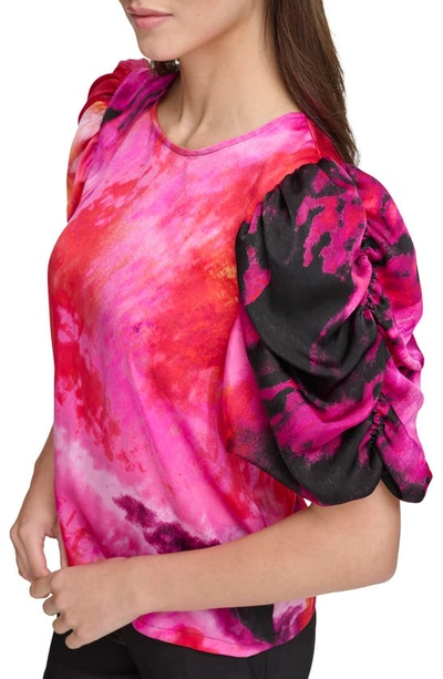 Shop Dkny Sportswear Dkny Print Puff Sleeve Satin Top In Shocking Pink Multi
