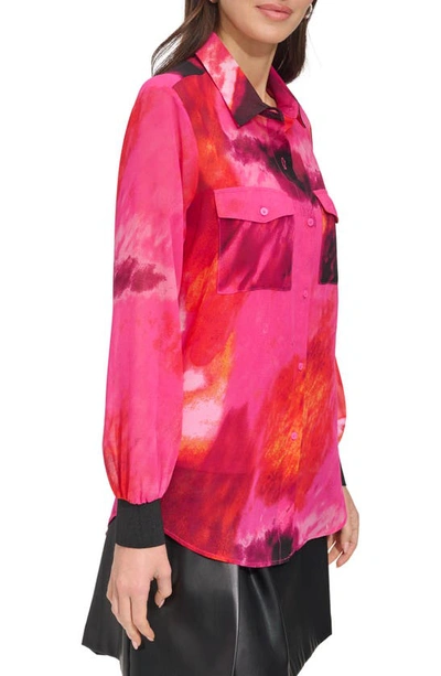 Shop Dkny Sportswear Abstract Print Chiffon Shirt In Shocking Pink Multi