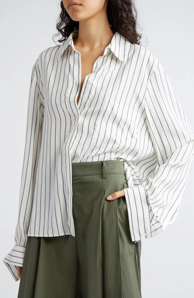 Shop Twp New Morning After Stripe Silk Button-up Shirt In White / Grey / Black