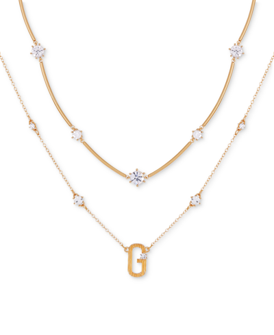 Shop Guess Gold-tone Crystal & Textured Logo Layered Pendant Necklace, 16" + 2" Extender