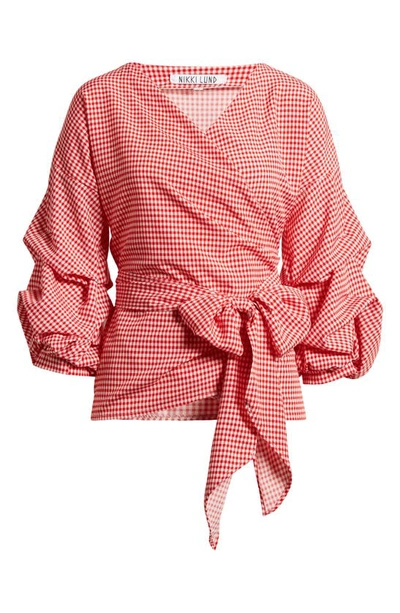 Shop Nikki Lund Anna Tie Waist Wrap Top In Red/ Wht