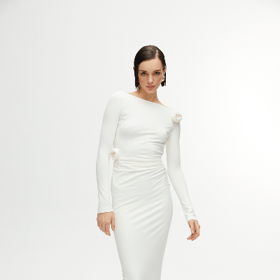 Shop Nocturne Wide Collar Long Dress In White