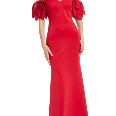 Shop Badgley Mischka Strapless Petal Sleeve Gown In Red