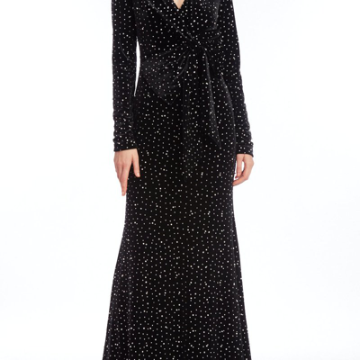 Shop Badgley Mischka Long-sleeved Pearled Velvet Column Gown With Bow In Black
