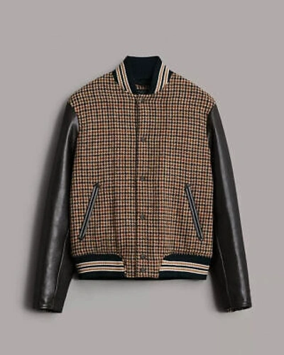 Pre-owned Rag & Bone Men's Houndstooth Wool Varsity Jacket In Brown Houndstooth-medium