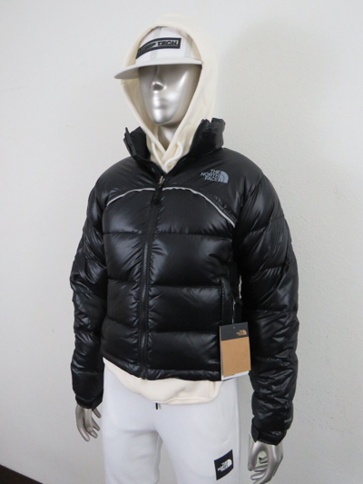 Pre-owned The North Face Womens  Retro Nuptse 2000 Short Crop 700-down Jacket - Black In Tnf Black / Grey Reflective Logo