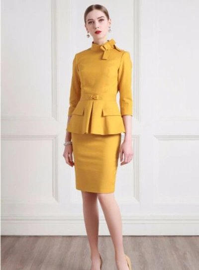 Pre-owned Handmade Custom Made To Order 2pc Casual Blazer Jacket Skirt Suit Career Plus 1x-10x Y368 In Yellow