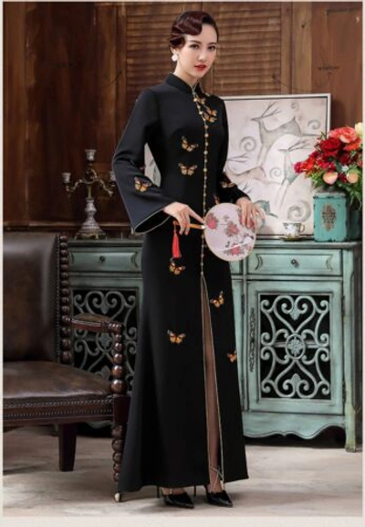 Pre-owned Handmade Custom Made To Order Cheongsam Qipao Butterfly Applique Dress Plus 1x-10x Y268 In Black
