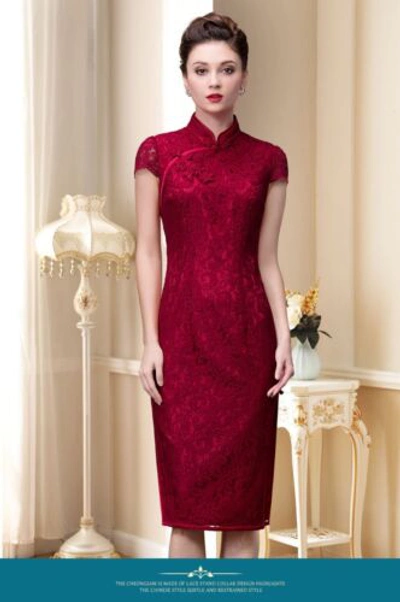 Pre-owned Handmade Custom Made To Order Cheongsam Qipao Lace Party Chinese Dress Plus 1x-10x Y281 In Burgundy