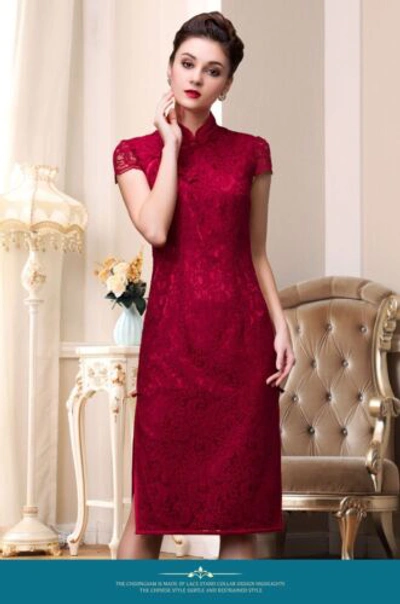 Pre-owned Handmade Custom Made To Order Cheongsam Qipao Lace Party Chinese Dress Plus 1x-10x Y281 In Burgundy