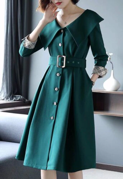 Pre-owned Handmade Custom Made To Order 3/4 Sleeve Button Cinched Waist A-line Dress Plus1x-10xy714 In Black