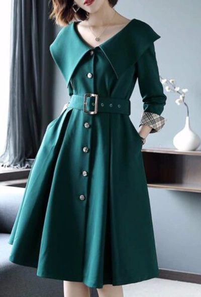Pre-owned Handmade Custom Made To Order 3/4 Sleeve Button Cinched Waist A-line Dress Plus1x-10xy714 In Black