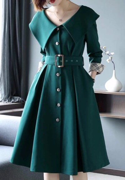 Pre-owned Handmade Custom Made To Order 3/4 Sleeve Button Cinched Waist A-line Dress Plus1x-10xy714 In Black