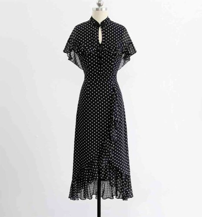 Pre-owned Handmade Custom Made To Order Polka Dot Ruffle Asymmetric Party Cape Dress Plus1x-10xy665 In Black