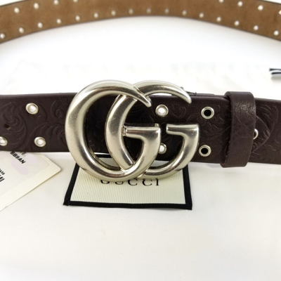 Pre-owned Gucci Special Coll. Embossed Leather  Brown Belt Double Buckle Size 100