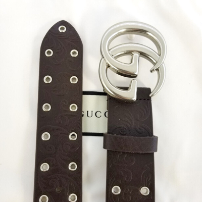 Pre-owned Gucci Special Coll. Embossed Leather  Brown Belt Double Buckle Size 100