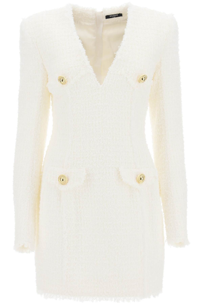 Balmain Button-embellished Tweed Minidress In Blanc (white)