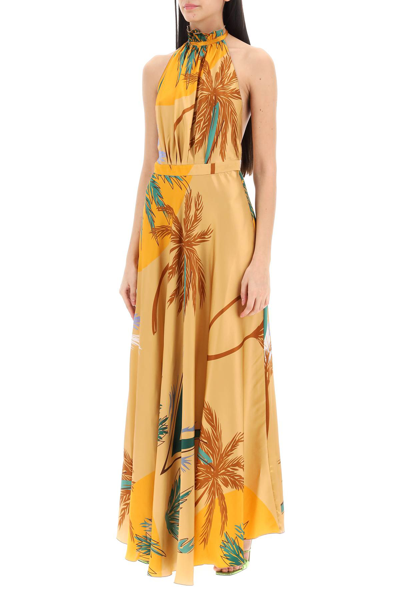 Shop Raquel Diniz Giovanna Silk Satin Maxi Dress In Sand Palms (orange)
