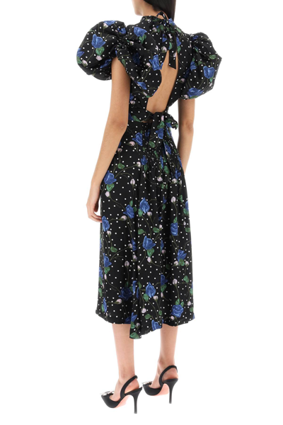 Shop Rotate Birger Christensen Midi Dress With Balloon Sleeves In Dot Stemed Rose + Tap Shoe Comb (black)