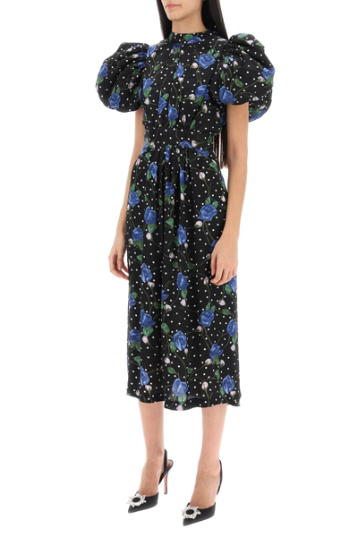 Shop Rotate Birger Christensen Midi Dress With Balloon Sleeves In Dot Stemed Rose + Tap Shoe Comb (black)